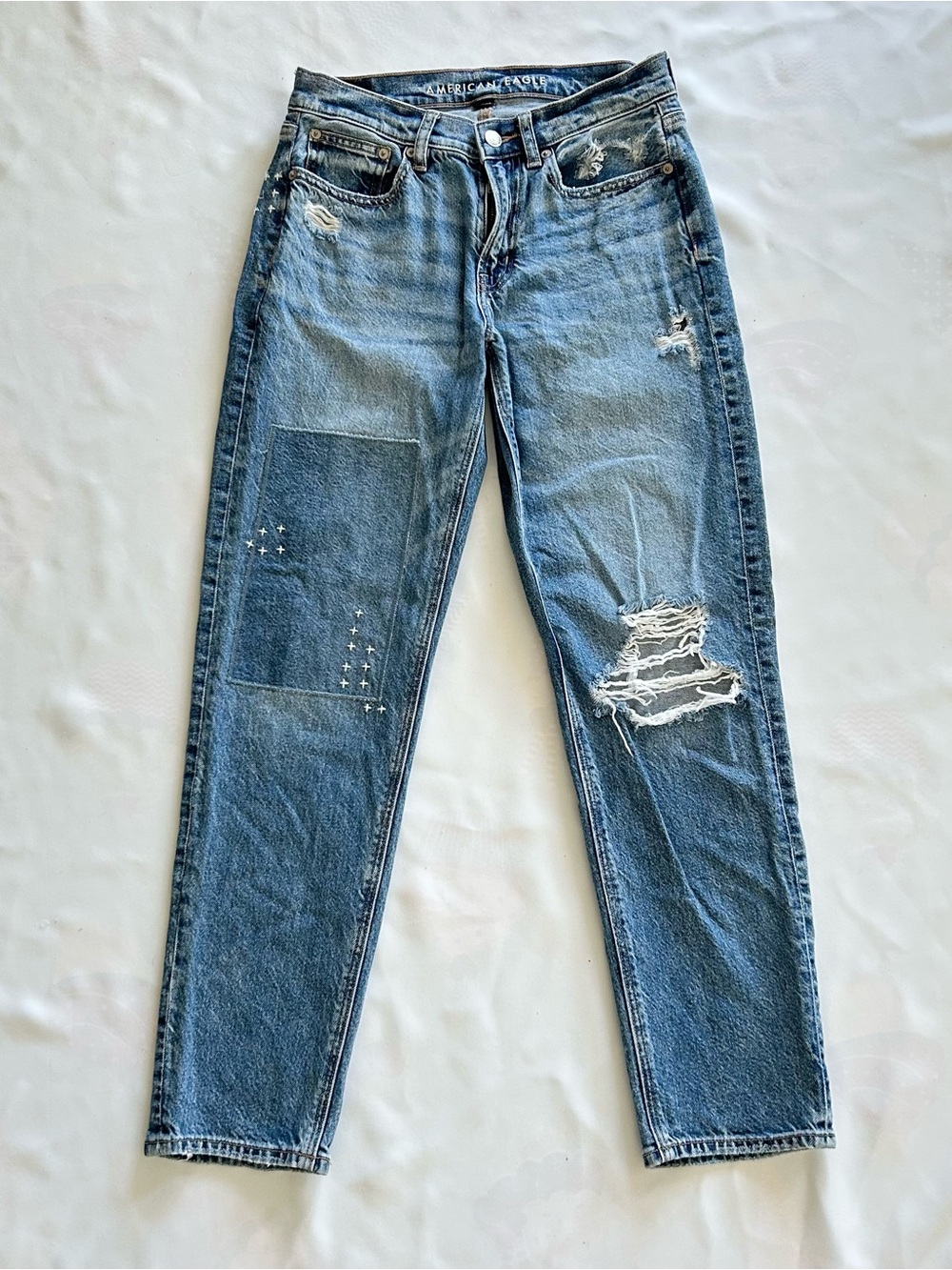 EUC Sz 0 American Eagle Strigid 90s Straight Leg Jeans Patchwork Distress Denim